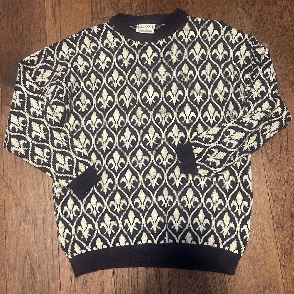 Glenfife Fleur De Lis Sweater Wool Vintage Navy Blue White French Preppy